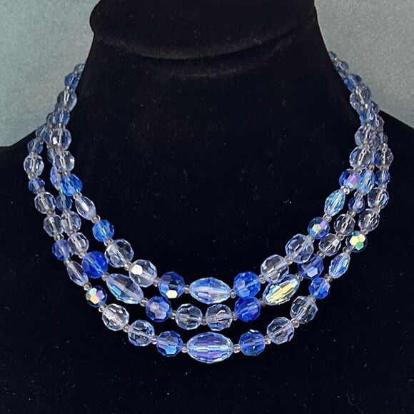 Aurora Borealis Crystal Collar necklace Women's 14" Blue Triple Stand Adjustable - Picture 3 of 7